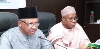 The Honourable Minister of Health, Dr. Osagie Ehanire and the Permanent Secretary, Health, Mr. Abdullazizi Mashi Abdullahi during the flag off the Dissemination at the Ministry's headquarters, Abuja.