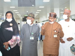 FIRST LEFT, HON. MINISTER OF HUMANITARIAN AFFAIRS, DISASTER MANAGEMENT AND SOCIAL DEVELOPMENT; HAJIYA SADIYA UMAR FAROUQ, SECOND LEFT, HON. MINISTER OF INFORMATION AND CULTURE; LAI MUHAMMED, FIRST RIGHT, HON. MINISTER OF AVIATION; HADI SIRIKA, SECOND RIGHT, HON. MINISTER OF STATE FOR HEALTH, DR. SEN. ADELEKE O. MAMOWORA