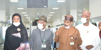 FIRST LEFT, HON. MINISTER OF HUMANITARIAN AFFAIRS, DISASTER MANAGEMENT AND SOCIAL DEVELOPMENT; HAJIYA SADIYA UMAR FAROUQ, SECOND LEFT, HON. MINISTER OF INFORMATION AND CULTURE; LAI MUHAMMED, FIRST RIGHT, HON. MINISTER OF AVIATION; HADI SIRIKA, SECOND RIGHT, HON. MINISTER OF STATE FOR HEALTH, DR. SEN. ADELEKE O. MAMOWORA