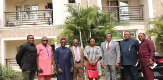 The Perm. Sec. Federal Ministry of Environment Dr. Bakari Wadinga 3rd from right and on his immediate left is the head of Human Resources in the Council who is also overseeing the Council, Mr. Victor Mba while at the extreme right is the head, Media and Public Communications, Mr. Kehinde A. Openibo, on the immediate right of the Perm. Sec is the Personal Assistant, Gloria Balat, the head of DRESE in the Council , Dr. Andy Ukah, the Council’s Accountant Mr. Abubakar Adamu, the Special Assistant to the Permanent Secretary , Mr. Adegoke Emmanuel, all posed for picture taking during the Courtesy visit to the Council