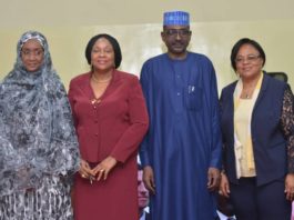 L-R, The Honourable Minister of Humanitarian Affairs Disaster Management and Social Development, Hajiya Sadiya Umar Farouq, Dr. Ngozi Azodoh (Representing the Hon. Minister of Health), The Permanent Secretary of the Ministry, Tijjani Umar, and the Director of Disaster Management, Dr. Dorothy Nwodo at the Disaster Management Stakeholders Meeting on 25th, February 2020 at the Army Resource Center. Photo by: Bose Okhiai.