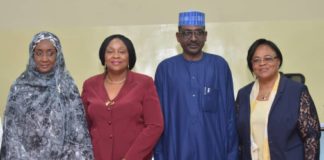 L-R, The Honourable Minister of Humanitarian Affairs Disaster Management and Social Development, Hajiya Sadiya Umar Farouq, Dr. Ngozi Azodoh (Representing the Hon. Minister of Health), The Permanent Secretary of the Ministry, Tijjani Umar, and the Director of Disaster Management, Dr. Dorothy Nwodo at the Disaster Management Stakeholders Meeting on 25th, February 2020 at the Army Resource Center. Photo by: Bose Okhiai.