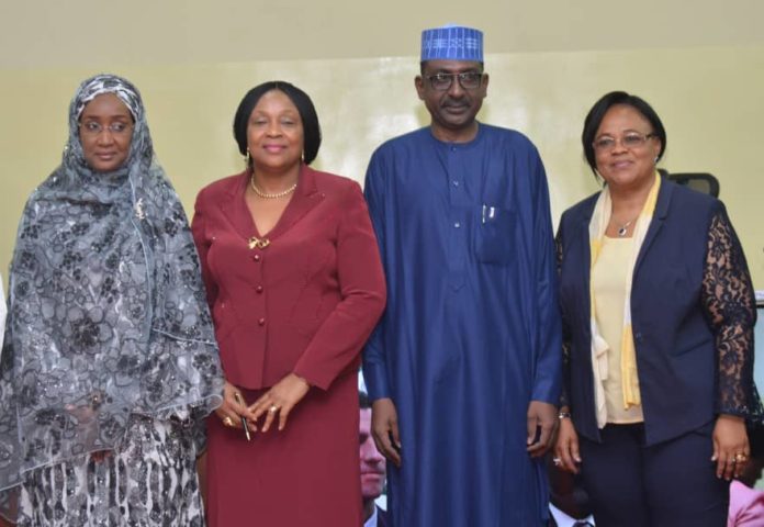 L-R, The Honourable Minister of Humanitarian Affairs Disaster Management and Social Development, Hajiya Sadiya Umar Farouq, Dr. Ngozi Azodoh (Representing the Hon. Minister of Health), The Permanent Secretary of the Ministry, Tijjani Umar, and the Director of Disaster Management, Dr. Dorothy Nwodo at the Disaster Management Stakeholders Meeting on 25th, February 2020 at the Army Resource Center. Photo by: Bose Okhiai.