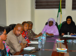The Honourable Minister of Humanitarian Affairs, Disaster Management and Social Development, Hajiya Sadiya Umar Farouq (Left) Leader of the ECOWAS Delegation Dr. Fatima Jagne (5th Right) , and other members of the ECOWAS delegation