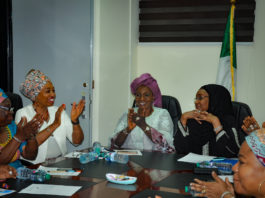 1st Right; The Honourable Minister of Humanitarian Affairs, Disaster Management and Social Development, Hajiya Sadiya Umar Farouq, 2nd Right; The Honourable Minister of Women Affairs Dame Paullen Tallen, her team and Directors of the Humanitarian Ministry .