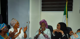 1st Right; The Honourable Minister of Humanitarian Affairs, Disaster Management and Social Development, Hajiya Sadiya Umar Farouq, 2nd Right; The Honourable Minister of Women Affairs Dame Paullen Tallen, her team and Directors of the Humanitarian Ministry .