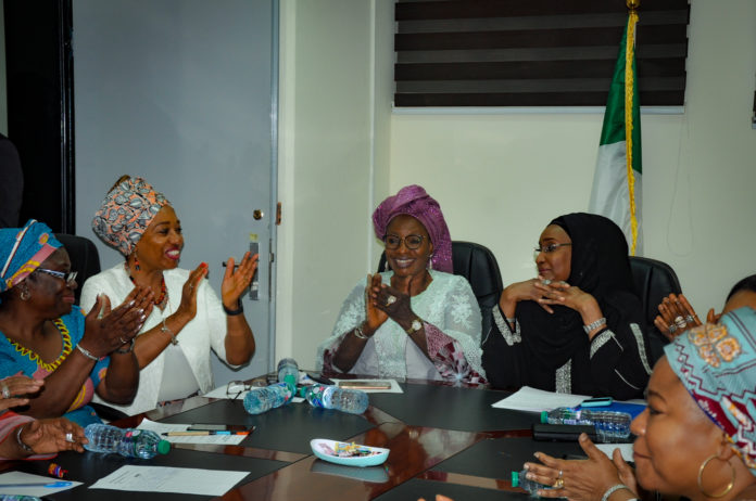 1st Right; The Honourable Minister of Humanitarian Affairs, Disaster Management and Social Development, Hajiya Sadiya Umar Farouq, 2nd Right; The Honourable Minister of Women Affairs Dame Paullen Tallen, her team and Directors of the Humanitarian Ministry .