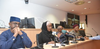 2nd Left: The Honourable Minister of Humanitarian Affairs, Disaster Management and Social Development, Hajiya Sadiya Umar Farouq, 1st Left: Permanent Secretary of the Ministry, Tijjani Umar, 2nd Right: The UN Resident and Humanitarian Coordinator, Edward Kallon, and 1st Right: The Honourable Minister of State for Education Chukwuemeka Nwajiuba, during Humanitarian Dialogue Policy Froum Meeting at the UN House, Central Area, Abuja. Photo by: Bose Okhiai