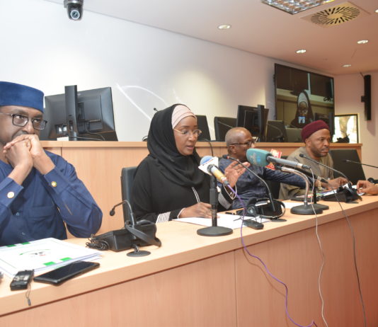 2nd Left: The Honourable Minister of Humanitarian Affairs, Disaster Management and Social Development, Hajiya Sadiya Umar Farouq, 1st Left: Permanent Secretary of the Ministry, Tijjani Umar, 2nd Right: The UN Resident and Humanitarian Coordinator, Edward Kallon, and 1st Right: The Honourable Minister of State for Education Chukwuemeka Nwajiuba, during Humanitarian Dialogue Policy Froum Meeting at the UN House, Central Area, Abuja. Photo by: Bose Okhiai