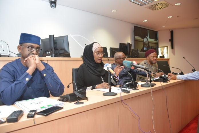 2nd Left: The Honourable Minister of Humanitarian Affairs, Disaster Management and Social Development, Hajiya Sadiya Umar Farouq, 1st Left: Permanent Secretary of the Ministry, Tijjani Umar, 2nd Right: The UN Resident and Humanitarian Coordinator, Edward Kallon, and 1st Right: The Honourable Minister of State for Education Chukwuemeka Nwajiuba, during Humanitarian Dialogue Policy Froum Meeting at the UN House, Central Area, Abuja. Photo by: Bose Okhiai