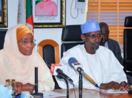 From Left the Hounourable Minister of Humanitarian Affairs, Disaster Management and Social Development, Hajiya Sadiya Umar Farouq and the Minister of the Federal Capital Territory (FCT) Alhaji Mohammad Musa Bello (right) during a courtesy call on the Honourable Minister in his office