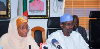 From Left the Hounourable Minister of Humanitarian Affairs, Disaster Management and Social Development, Hajiya Sadiya Umar Farouq and the Minister of the Federal Capital Territory (FCT) Alhaji Mohammad Musa Bello (right) during a courtesy call on the Honourable Minister in his office