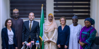 Middle; Honourable Minister of Humanitarian Affairs, Disaster Management and Social Development, Hajiya Sadiya Umar Farouq, 3rd left; Swiss Ambassador, His Excellency Georg Steiner, 2nd left; Permanent Secretary of the Ministry, Tijjani Umar, during a courtesy visit to the Ministry.