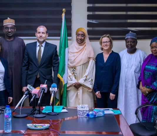 Middle; Honourable Minister of Humanitarian Affairs, Disaster Management and Social Development, Hajiya Sadiya Umar Farouq, 3rd left; Swiss Ambassador, His Excellency Georg Steiner, 2nd left; Permanent Secretary of the Ministry, Tijjani Umar, during a courtesy visit to the Ministry.