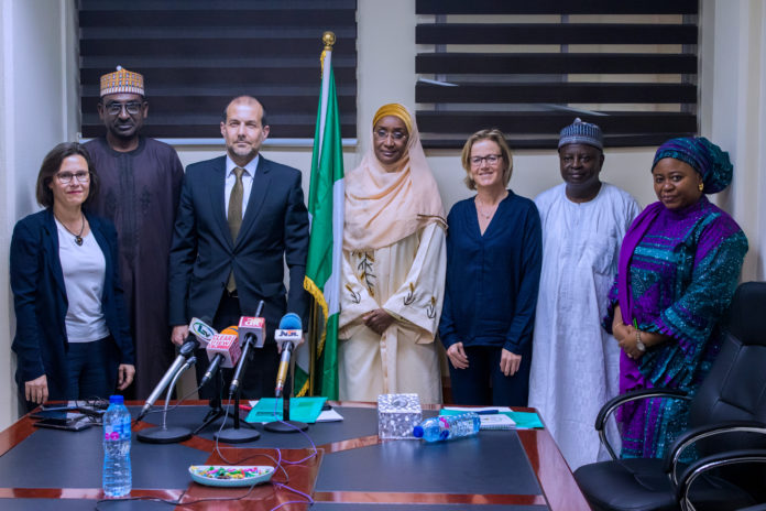 IMG_0777 Middle; Honourable Minister of Humanitarian Affairs, Disaster Management and Social Development, Hajiya Sadiya Umar Farouq, 3rd left; Swiss Ambassador, His Excellency Georg Steiner, 2nd left; Permanent Secretary of the Ministry, Tijjani Umar, during a courtesy visit to the Ministry.