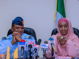 Right; The Honourable Minister of Humanitarian Affairs, Disaster Management and Social Development, Hajiya Sadiya Umar Farouq and the Chief of Air Staff, Air Marshall Sadique Baba Abubakar