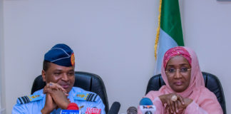 Right; The Honourable Minister of Humanitarian Affairs, Disaster Management and Social Development, Hajiya Sadiya Umar Farouq and the Chief of Air Staff, Air Marshall Sadique Baba Abubakar
