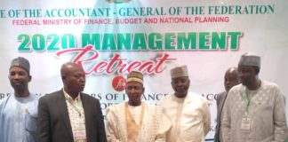 The AGF, Ahmed Idris FCNA, former AGF Dr. J. K. Naiyeju, and Directors in the OAGF at the 2020 Management Retreat