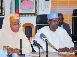 From Left the Hounourable Minister of Humanitarian Affairs, Disaster Management and Social Development, Hajiya Sadiya Umar Farouq and the Minister of the Federal Capital Territory (FCT) Alhaji Mohammad Musa Bello (right).