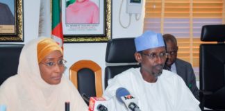 From Left the Hounourable Minister of Humanitarian Affairs, Disaster Management and Social Development, Hajiya Sadiya Umar Farouq and the Minister of the Federal Capital Territory (FCT) Alhaji Mohammad Musa Bello (right).