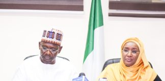 Right; The Honourable Minister of Humanitarian Affairs, Disaster Management and Social Development Hajiya Sadiya Umar Farouq, Left; The Executive Governor of Nasarawa State, His Excellency, Engr. Abdullahi .A. Sule during his courtesy visit to the Ministry at the Federal Secretariat Abuja.
