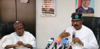 The Hon. Minister of Health, Dr. Olorunnimbe Mamora with the Permanent Secretary, Health, Mr Abdulaziz Mashi Abdullahi, during the press brifeing.