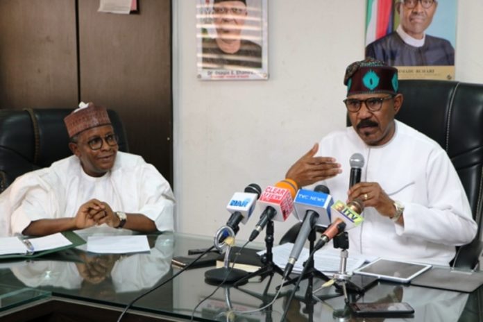 The Hon. Minister of Health, Dr. Olorunnimbe Mamora with the Permanent Secretary, Health, Mr Abdulaziz Mashi Abdullahi, during the press brifeing.