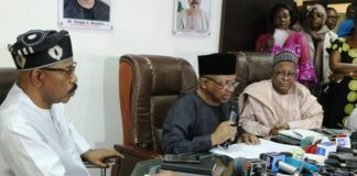 The Honourable Minister of Health, Dr. Osagie Ehanire, flanked by the Honourable Minister of State, Health, Dr. Olorunnimbe Mamora