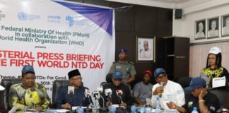 The Honourable Minister of Health, Dr. Osagie Ehanire (C), the Permanent Secretary Health, Mr Abdullahi Mashi Abdulaziz (R) delivering a keynote address at the World Neglected Tropical Day (NTDs)