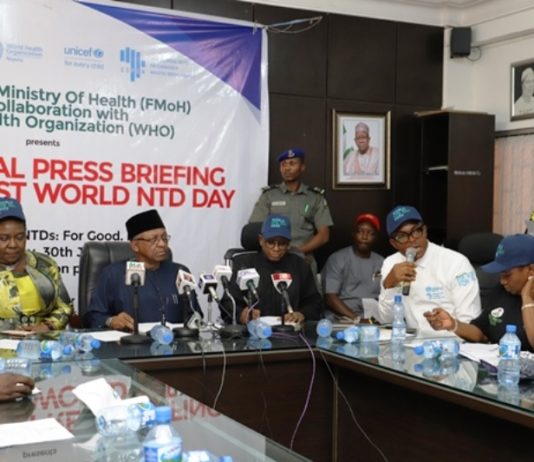 The Honourable Minister of Health, Dr. Osagie Ehanire (C), the Permanent Secretary Health, Mr Abdullahi Mashi Abdulaziz (R) delivering a keynote address at the World Neglected Tropical Day (NTDs)