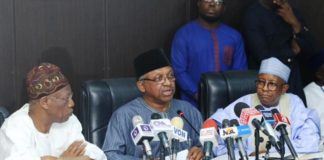 The Honourable Minister of Health, Dr. Osagie Ehanire, (c) flanked by the Minister of Information and Culture, Alhaji Lai Mohammed(L) and Permanent Secretary, Health, Mr. Abdulaziz Mashi Abdullahi(r) at the Coronavirus Inter-ministerial/Multisectoral Preparedness and Response meeting
