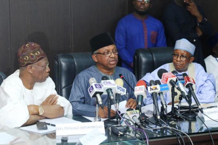 The Honourable Minister of Health, Dr. Osagie Ehanire, (c) flanked by the Minister of Information and Culture, Alhaji Lai Mohammed(L) and Permanent Secretary, Health, Mr. Abdulaziz Mashi Abdullahi(r) at the Coronavirus Inter-ministerial/Multisectoral Preparedness and Response meeting