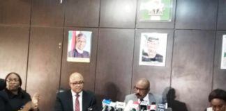 The Honourable Minister of State, Health, Dr. Olorunnimbe Mamora (3rd-R), the DG NCDC, Dr. Chikwe Ihekweazu (2nd-L), the Director Port Health, Dr Alex Okoh at a Ministerial Press briefing on the latest update on Covid-19