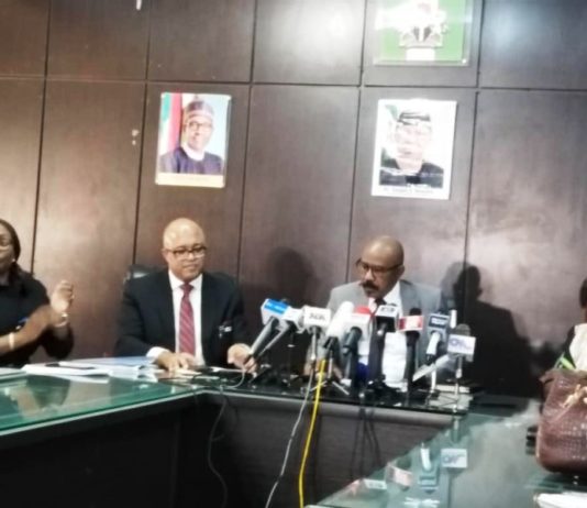 The Honourable Minister of State, Health, Dr. Olorunnimbe Mamora (3rd-R), the DG NCDC, Dr. Chikwe Ihekweazu (2nd-L), the Director Port Health, Dr Alex Okoh at a Ministerial Press briefing on the latest update on Covid-19