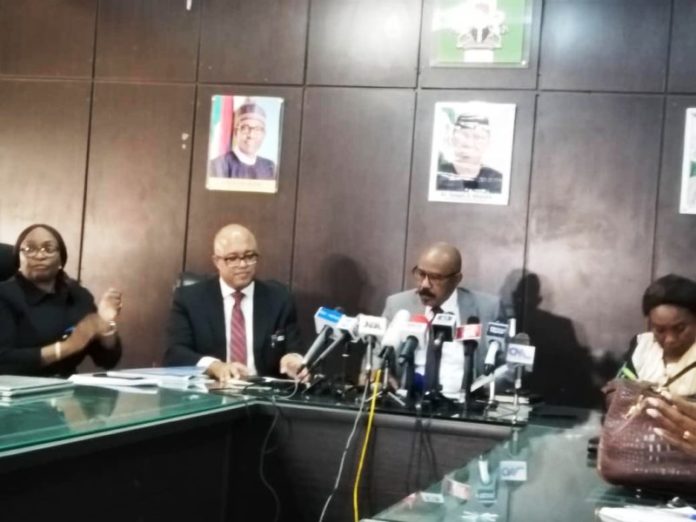 The Honourable Minister of State, Health, Dr. Olorunnimbe Mamora (3rd-R), the DG NCDC, Dr. Chikwe Ihekweazu (2nd-L), the Director Port Health, Dr Alex Okoh at a Ministerial Press briefing on the latest update on Covid-19