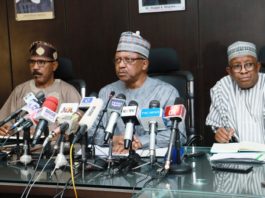 The Honourable Ministry of Health. Dr. Osagie Ehaneri (C), the Honourable Minister of State, Health, Dr. Olurunnimbe Mamora