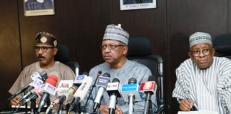 The Honourable Ministry of Health. Dr. Osagie Ehaneri (C), the Honourable Minister of State, Health, Dr. Olurunnimbe Mamora