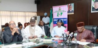 The Minister of Health, Dr. Osagie Ehanire(R) addressing the press at the 2020 World Cancer Day Commemoration
