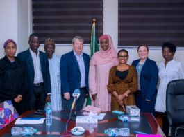 Honourable Minister of Humanitarian Affairs, Disaster Management and Social Development, Hajiya Sadiya Umar Farouq (4th right); Country Representative of UNICEF, Peter Hawkins (4th left), and other members of the Ministry and UNICEF
