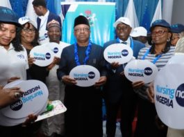 he Honourable Minister of Health, Dr. Osagie Ehanire flanked by the Executive of Nursing Council of Nigeria during the launch of the "Nursing Now" Nigeria