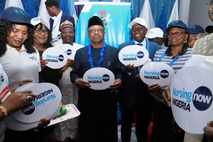 he Honourable Minister of Health, Dr. Osagie Ehanire flanked by the Executive of Nursing Council of Nigeria during the launch of the "Nursing Now" Nigeria