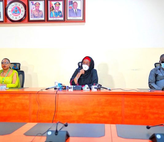 Middle; The Honourable Minister of Humanitarian Affairs, Disaster Management and Social Development, Sadiya Umar Farouq, Left; Director of Rehabilitation Department of the Ministry, Mrs. Nkechi Onwukwe, and Right; Special Adviser to the Minister of Humanitarian Affairs on Persons Living with Disabilities, Atta Danjuma Abdullmalik