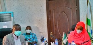 Right; The Honourable Minister of Humanitarian Affairs, Disaster Management and Social Development, Sadiya Umar Farouq, Left; the Director General of the National Emergency Management Agency (NEMA), Engr. Mustapha Y. Maihaja