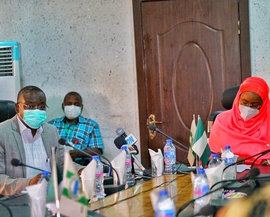 Right; The Honourable Minister of Humanitarian Affairs, Disaster Management and Social Development, Sadiya Umar Farouq, Left; the Director General of the National Emergency Management Agency (NEMA), Engr. Mustapha Y. Maihaja