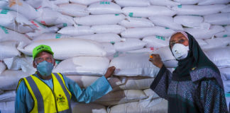 (Right) The Honourable Minister of Humanitarian Affairs, Disaster Management and Social Development, Sadiya Umar Farouq and the His Excellency, Executive Governor of Kano State, Dr. Abdullahi Umar Ganduje during the inspection of food palliatives handed over to Kano State Government at the KASCO warehouse on Sunday 17, 2020