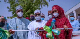 (R–L), Honourable Minister of Humanitarian Affairs, Disaster Management and Social Development, Sadiya Umar Farouq, Representative of the Senate President/Chairman Senate Committee on Army, Senator Ali Ndume, and the Executive Governor of Borno State, His Excellency Professor Babagana Umara Zulum