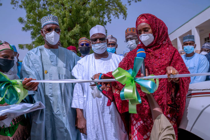 FMHADMSD AND NEDC (R–L), Honourable Minister of Humanitarian Affairs, Disaster Management and Social Development, Sadiya Umar Farouq, Representative of the Senate President/Chairman Senate Committee on Army, Senator Ali Ndume, and the Executive Governor of Borno State, His Excellency Professor Babagana Umara Zulum