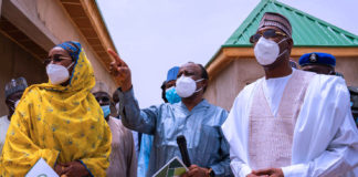 (Left) The Honourable Minister of Humanitarian Affairs, Disaster Management and Social Development, Sadiya Umar Farouq; (Right) the Executive Governor of Borno State, Professor Babagana Umara Zulum (Middle) the Managing Director/CEO, North East Development Commission, Mohammed Goni Alkali