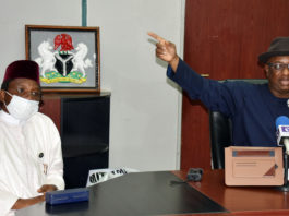 The Honourable Minister Of State, Labour and Employment, Festus Keyamo, SAN and Director General, National Directorate of Employment (NDE) Dr. Nasiru Ladan Argungu, during the Virtual Inauguration of the State’ Selection Committees of the Extended Special Public Works Programme in Abuja