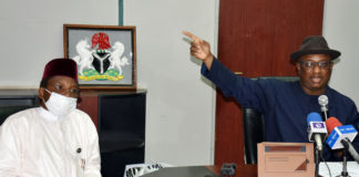 The Honourable Minister Of State, Labour and Employment, Festus Keyamo, SAN and Director General, National Directorate of Employment (NDE) Dr. Nasiru Ladan Argungu, during the Virtual Inauguration of the State’ Selection Committees of the Extended Special Public Works Programme in Abuja